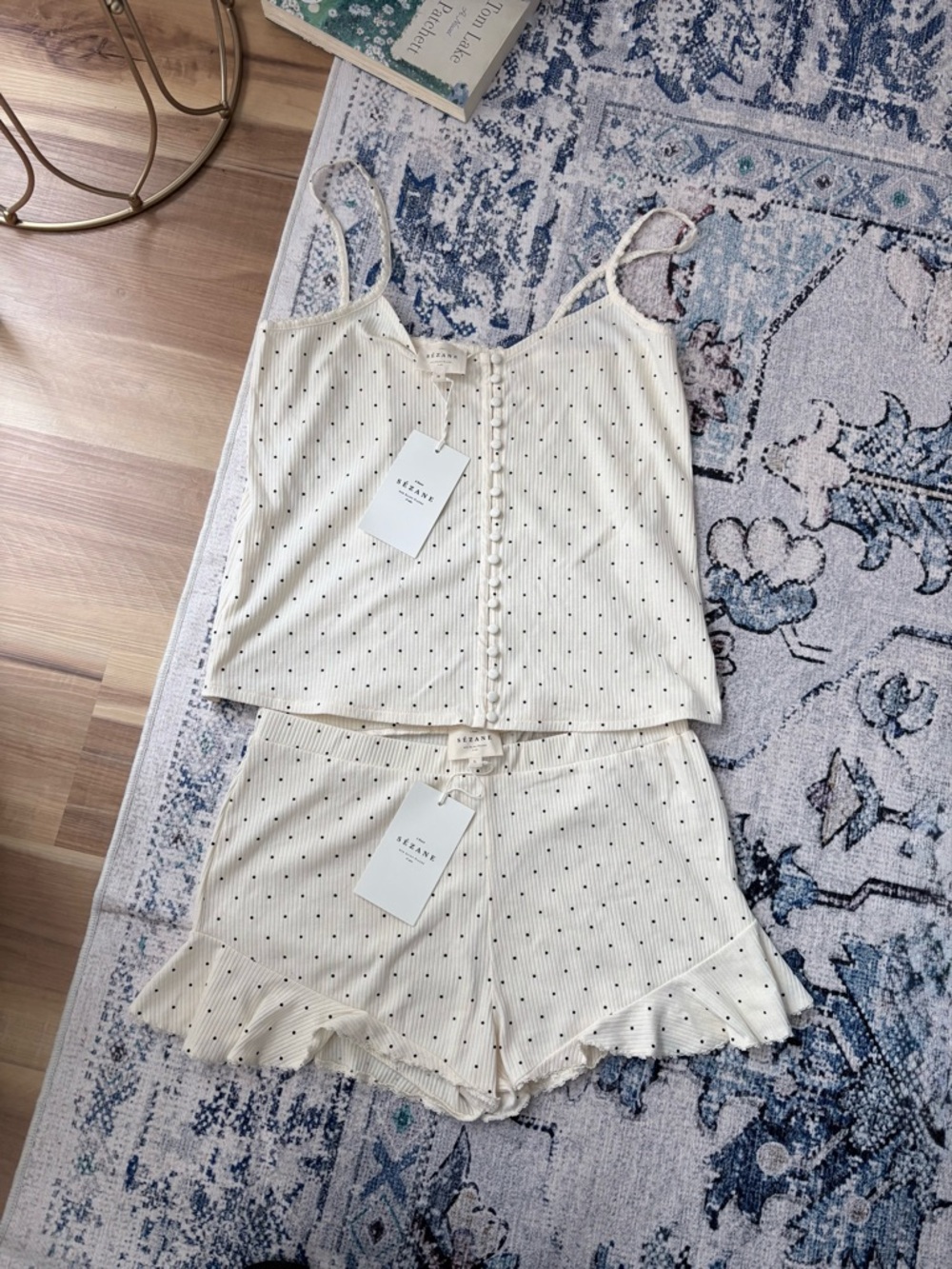 Sezane Cream Cami & Ruffle Shorts Pajama Set with Black Dot Print